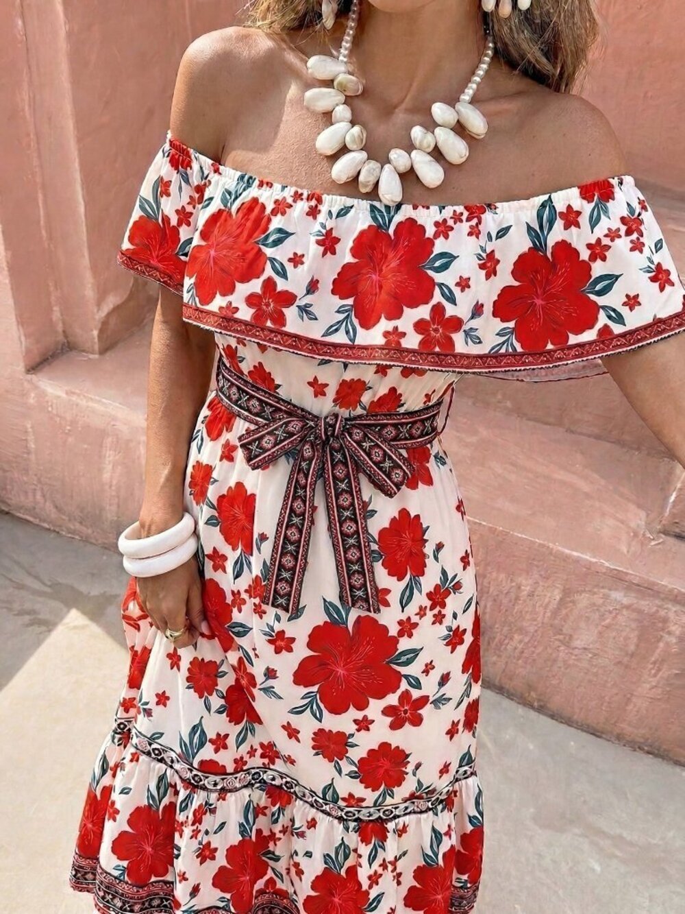 Multicolor Casual Women's Ruffle Neck Maxi Dress with Cinched Waist A-Line - Picture 6 of 6
